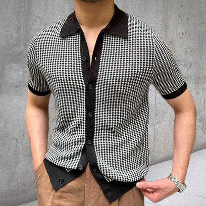 maoxiangshop Leisure Knitting Mens Shirt Short Sleeve Button Turn-down Collar Houndstooth Knit Tops Beach Men Summer Casual Solid Color Tops