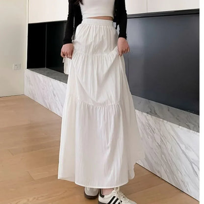 maoxiangshop Women Sweet Cake Skirt Summer Trend High Waist Pleated Skirt Casual Elegant All-Match Solid A-line Big Swing Double Layer Skirt