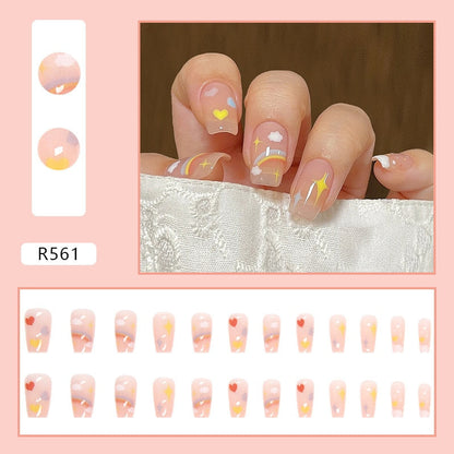 24pcs French Fake Nails Short Art Nail Tips Press Stick on False with Designs Full Cover Artificial Pink Wearable Clear Tips