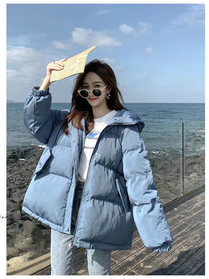 maoxiangshop Women Short Jacket Winter Thick Hooded Cotton Padded Coats Female Korean Loose Puffer Parkas Ladies Oversize Outwear