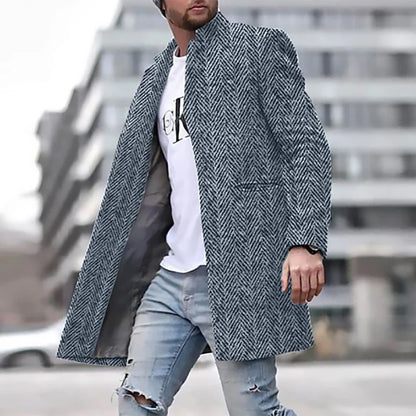 maoxiangshop WELL DRESSED MEN Autumn Winter Retro Print Woolen Coat Men Casual Single Breasted Lapel Long Sleeve Coat Men Fashion Loose Pocket Mid Long Jacket