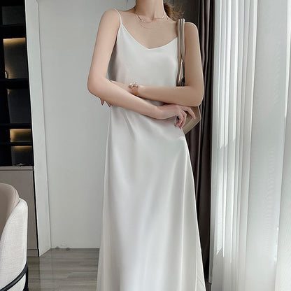 maoxiangshop Tri-Acetate Satin Silky V-Neck Temperament Female Summer Beautiful Silk Suspender Dress New Long Skirt Is Thin