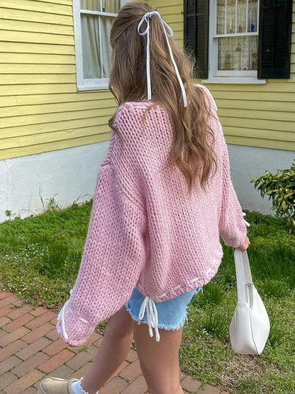 maoxiangshop  -  Casual Knitted Bow Contrast Women's Sweater Loose O-neck Long Sleeve  Pullover 2024 Autumn Winter Sweet All-match Lady Sweater