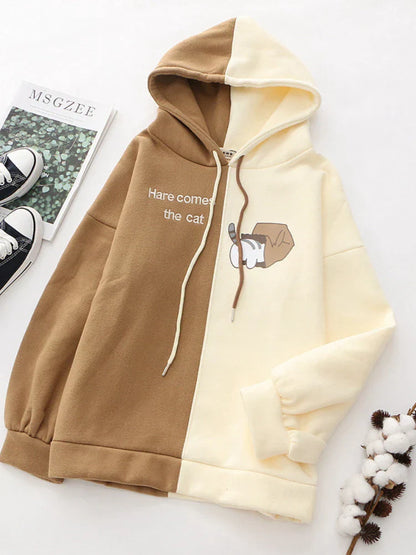 maoxiangshop Fleece Women Hooded Sweatshirt Harajuku Cartoon Print And Letter Embroidery Casual Hoodies Winter Full Sleeve Warm Top