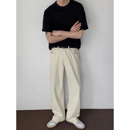 maoxiangshop Baggy Beige Jeans Men Fashion Casual Oversized Wide Leg Jeans Men Streetwear Korean Loose Straight Denim Pants Mens Trousers