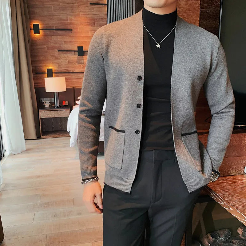 maoxiangshop Knitted Cardigan Men Autumn Long Sleeve Slim Fit Sweater Coat Business Casual Sweatercoat Streetwear Men Clothing