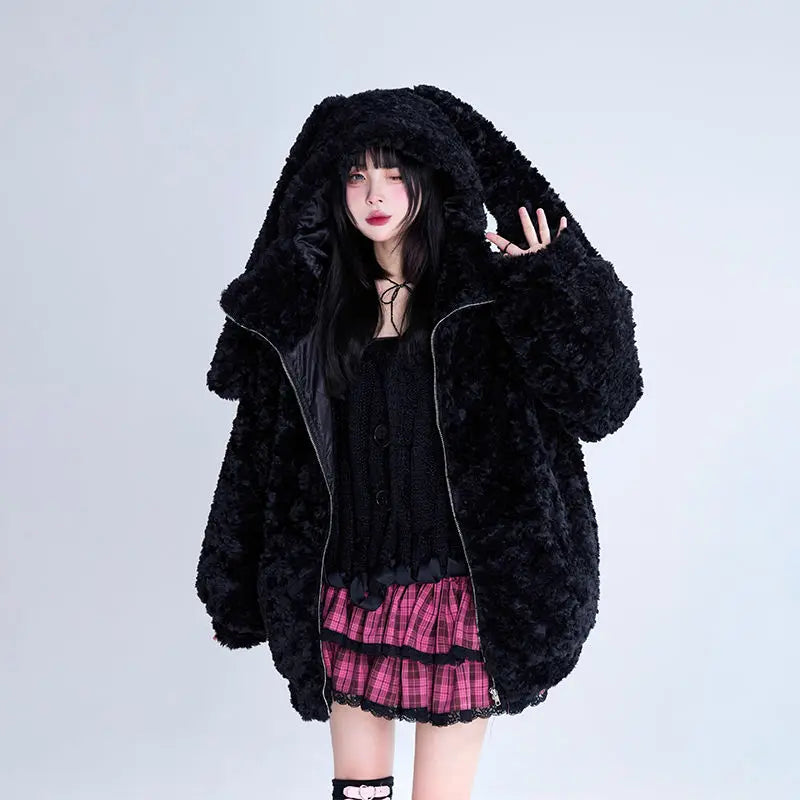 American Retro 2023 Cute Ears Solid Color Jacket Lazy Style Loose Warm Zipper Jacket Women's Hooded Autumn and Winter Lamb Top