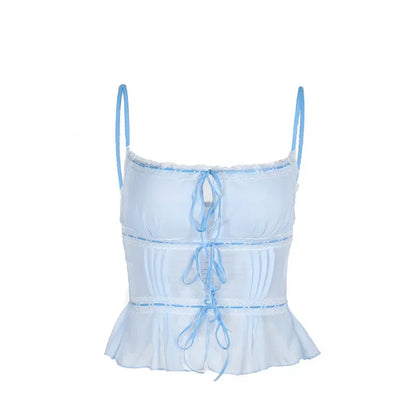 maoxiangshop  -  2024 Instagram New Cute Summer Semi Transparent Chiffon Vest and y2k  Slim Fit Spicy Girl Lace Top with Ties