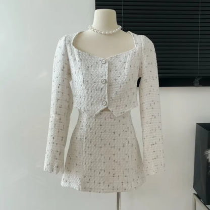 High Quality Small Fragrance Tweed 2 Piece Set Women Jacket Coat Crop Top + Skirt Sets French Luxury Elegant Two Piece Suits