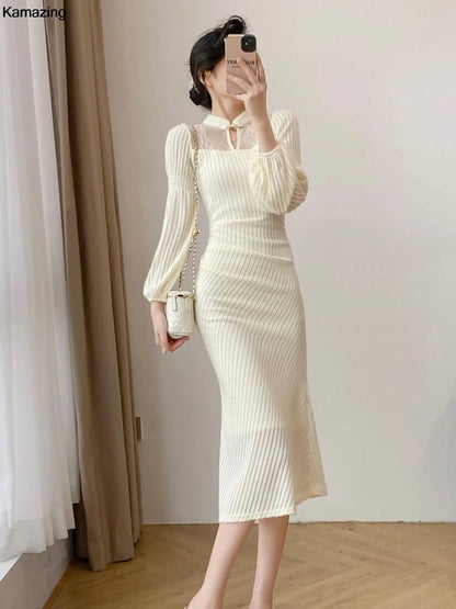 Autumn Winter Elegant Slim Evening Prom Party Dresses Ladys Vintage Long Sleeve Midi Vestdios Women Fashion One Piece Clothes