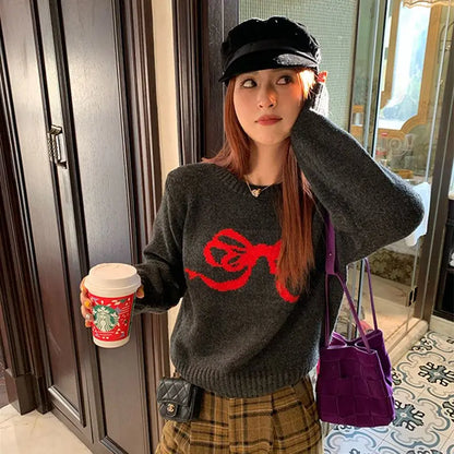 maoxiangshop  -  Women Autumn Winter Vintage Fashion Loose Bow O-neck Long Sleeve Knitwear Women Clothes Office Lady All-match Temperament Tops