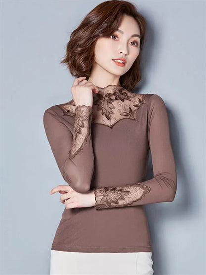 maoxiangshop Hollow Out Women Spring Autumn Style Lace Blouses Shirts Casual Long Sleeve Patchwork Spliced Turtleneck Blusas Tops DF1491