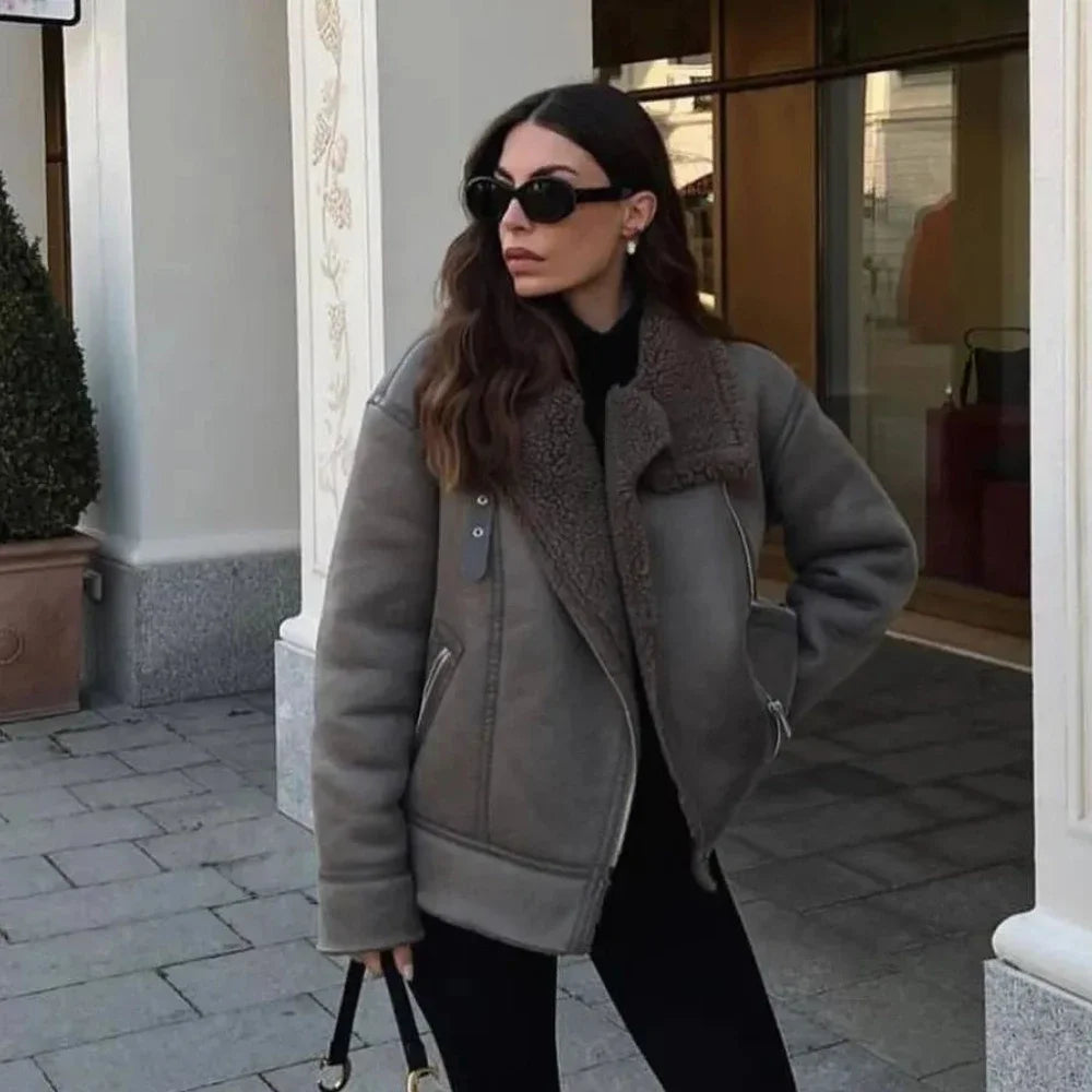 maoxiangshop  -  Winter Warm Faux Fur Jacket Women Long Sleeve Loose Lapel Jackets Coat Coat Female Faux Leather Jacket Casual Outwear