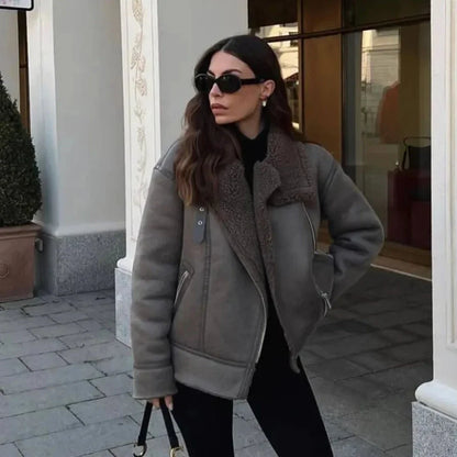 maoxiangshop  -  Winter Warm Faux Fur Jacket Women Long Sleeve Loose Lapel Jackets Coat Coat Female Faux Leather Jacket Casual Outwear