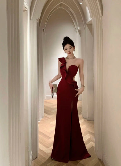 maoxiangshop Elegant Fashion Wedding Evening Party Long Dresses for Women Sexy Split Sleeveless Slim Ladies Vintage Red Prom Female Clothing