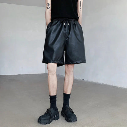 maoxiangshop Summer Leather Shorts Men Fashion Black Motorcycle Shorts Mens Streetwear Hip-hop Loose Leather Shorts Men Casual Shorts M-2XL