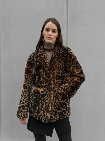 maoxiangshop -  Women's Leopard Long Sleeve Bomber Jacket Dor Women Casual Lapel Single Breasted Short Coat Elegant Winter Warm Outwear Jackets