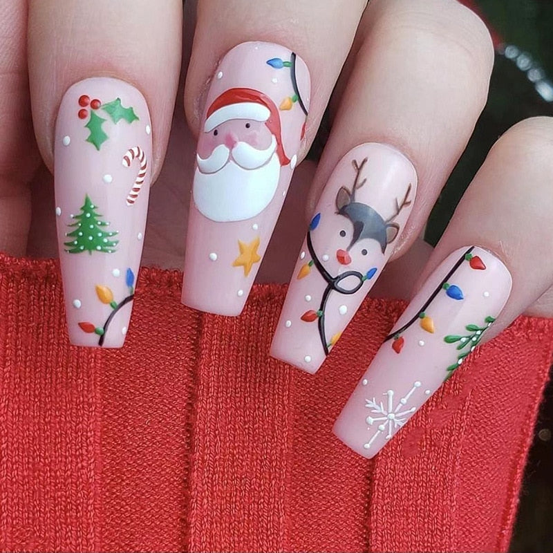 24Pcs Long Ballet Christmas False Nails Wearable Xmas Style Fake Nails Elk Santa Claus Design Full Cover Press on Nail Tips