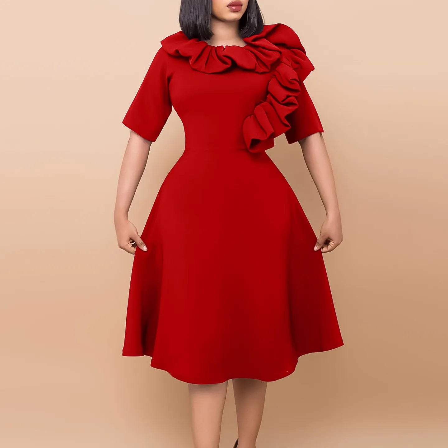 maoxiangshop Elegant Ruffle Work Midi Dress Women Solid Pleated O Neck Half Sleeve High Waist Party Business Cocktail Mid Dresses