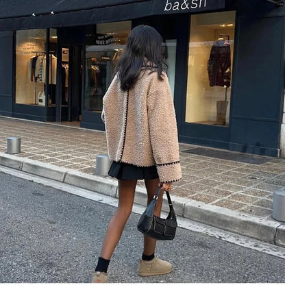 maoxiangshop  -  Elegant Solid Lapel Lamb Wool Wram Jacket Women O Neck Long Sleeves Slim Pocket Coats 2024 Autumn Winter Fashion Warm Outerwear