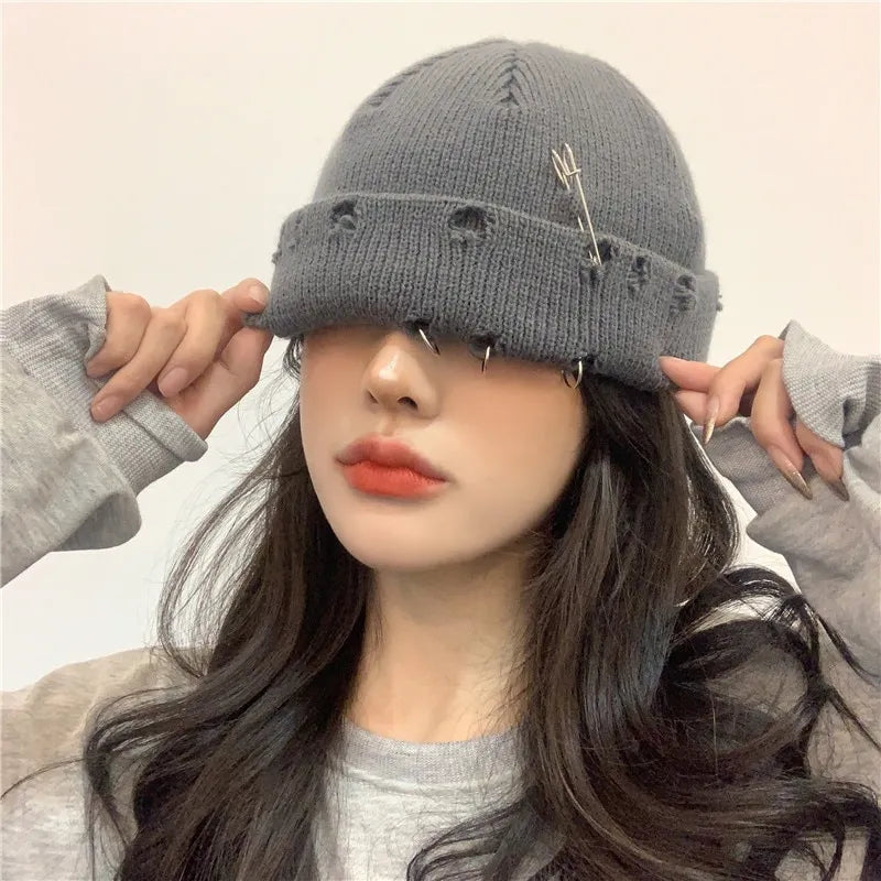 maoxiangshop Winter Harajuku Y2K Knitted Hat Women Fashion Warm Thick Men Hip Hop Pin Hole Skullcap Short Hat Unisex Basic Cap