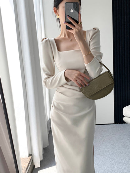 maoxiangshop Square Collar Solid Wedding Maxi Dresses for Women Office Lady Bodycon Midi Dress Elegant Korea Fashion Clothes Autumn Robe