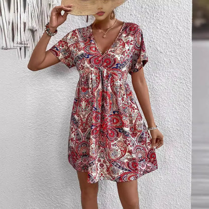 maoxiangshop 2024 Summer New Women Ethnic Graphic Print Dress Beach Bohemian Sundress V Neck Short Sleeve Dress Holiday Dresses Vestidos