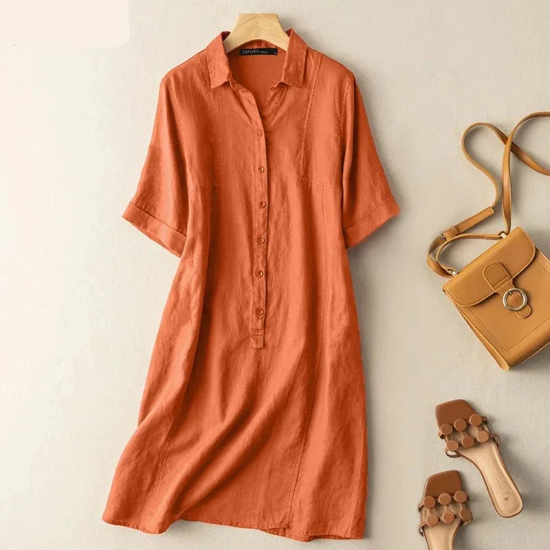 maoxiangshop Summer Dress Elegant Short Sleeve Dresses Women Vintage Cotton Vestido O-Neck Button A-line Work Sundress Robe Femme