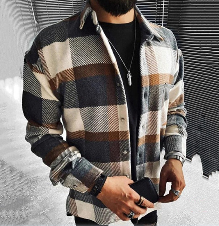 maoxiangshop Men Plaid Shirt Spring Fashion Large Size Pockets Long Sleeve Top Turn-down Collar Single-breasted Shirts