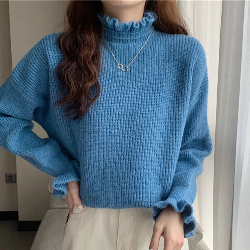 maoxiangshop Women Ruffles Thicken Warm Sweater Mock Neck Flare Sleeve Sweet Pullovers Solid Casual Sweater For Women Fall Winter