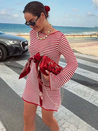 maoxiangshop  -  Striped Knit Sweater Mini Dress Female Patchwork High Waist Contrast Zebra Printed Beach Dress Women Knitwear Dress Autumn