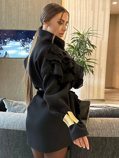 maoxiangshop  -  Splice Mesh Belted Long Sleeve Jacket For Women High Street Loose Irregular Black Outwear Lapel Autumn Winter 2024 New