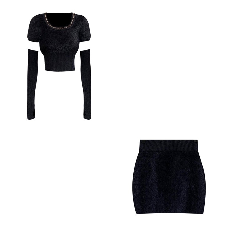 Faux Fur 2 Piece Dress Set Women Casual Y2k Crop Tops + Mini Skirt Female 2023 Spring Elegant Knitted Suit Korea Fashion Bodycon