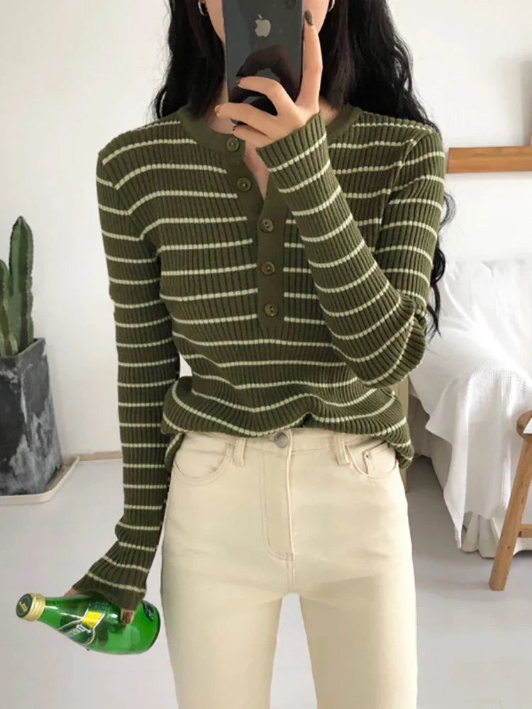 maoxiangshop Women T-shirts Elegant Stripes Knitted Tees Buttoned Up Long Sleeve Slim Women Knitted T-shirts Autumn Winter