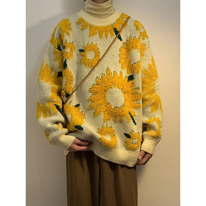 maoxiangshop Winter Sunflower Warm Sweaters Male O-Neck Pullovers Sweater for Men Loose Casual Sweater Oversize Thick Knitted Couple Unisex
