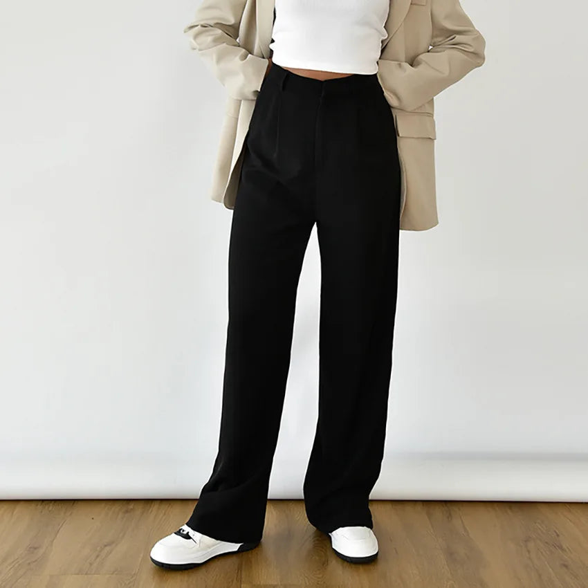 maoxiangshop  -  Solid Fashion Women Maxi Pants Autumn High Waist Straight Loose Button Female Trousers Streetwear Office Lady Suit Pant New