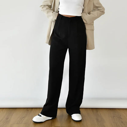 maoxiangshop  -  Solid Fashion Women Maxi Pants Autumn High Waist Straight Loose Button Female Trousers Streetwear Office Lady Suit Pant New