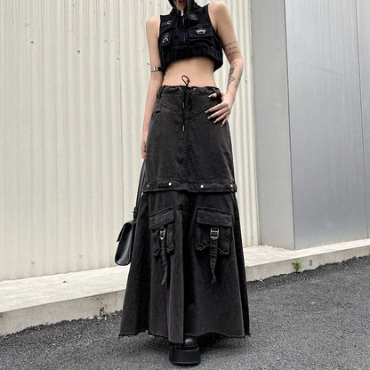 Spring Women Vintage Baggy Streetwear Denim Skirt Grunge 00S High Waist Y2K High Street Basic A-Line Lady Pockets Skirt