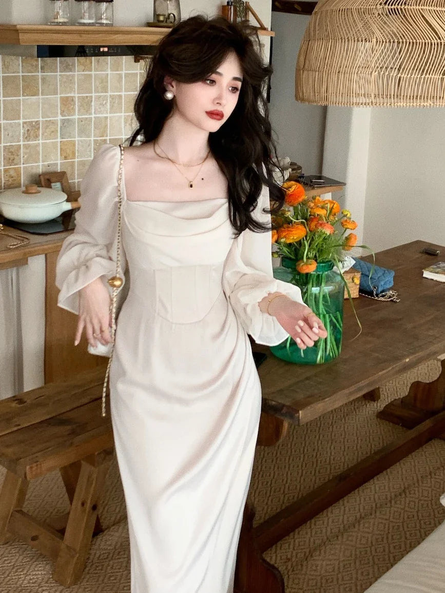 maoxiangshop Vintage Wedding Party Midi Dresses for Women Spring New Square Collar Long Sleeves Elegant Fashion Evening Prom Female Clothing