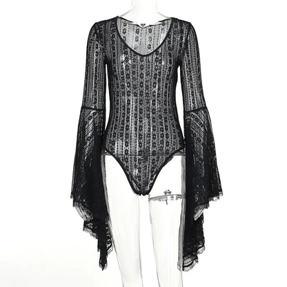 maoxiangshop Lace See Through Mall Gothic Aesthetic Bodysuits Flare Sleeve Grunge Sexy Women Tops Punk Bodycon V-neck Alt Bodysuit