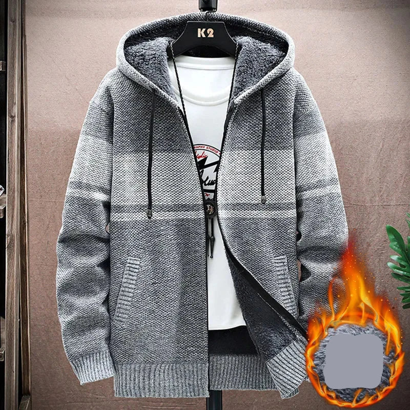 maoxiangshop WINTER OUTFITS Autumn Korean Hooded Men's Sweater with Thick and Velvet Men Cardigan Knitted Sweater Coat Stripe Jacket Male M-4XL