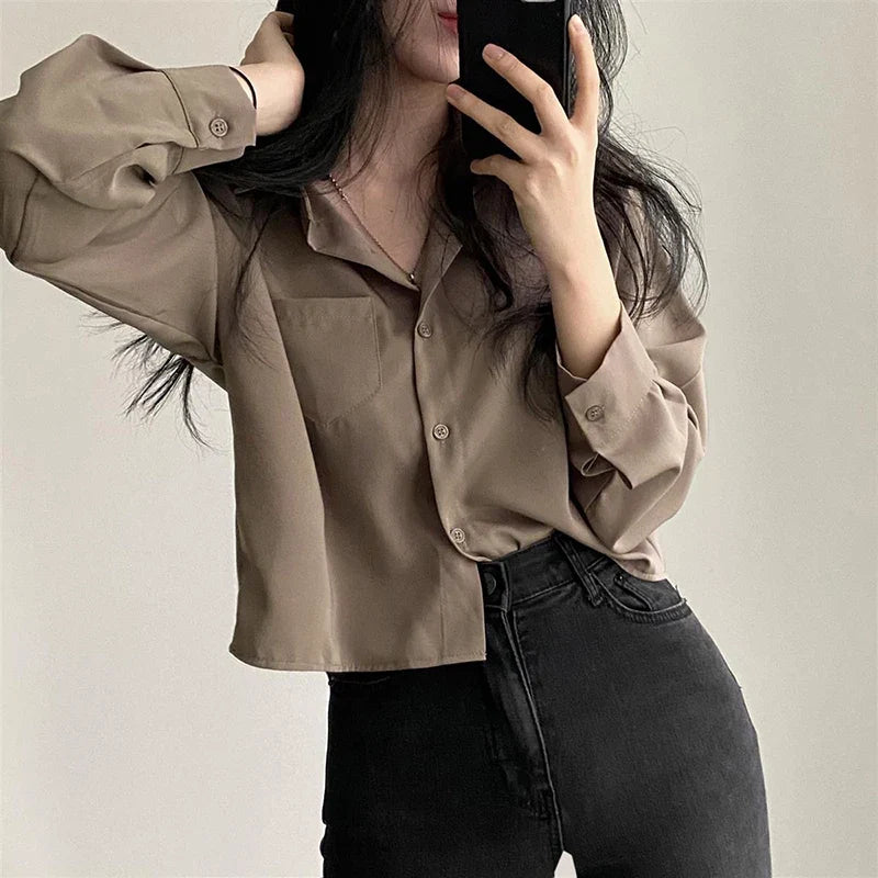 maoxiangshop Designed Women Shirts Korean Fashion Solid Long Sleeve Button Up Tops Office Ladies Chiffon Short Blouse New