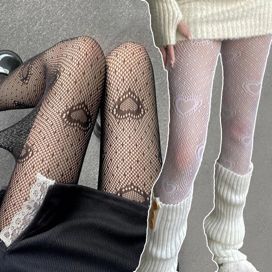 maoxiangshop Heart Flower Mesh Japanese Girl Lolita Ins Tights Stockings White Fishnet Pantyhose Female for Women Summer Legging Stocking