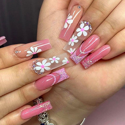 24Pcs Pink Flower Wearable False Nail Tips Long Square Fake Nail with Rhinestone Design Acrylic Coffin Full Cover Press on Nails