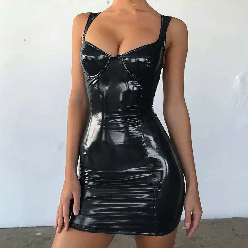 Women Sexy PU Backless Club Party Short Dress Black Wet Look Latex Bodycon Faux Leather Push Up Gothic Mini Dress Nightclub