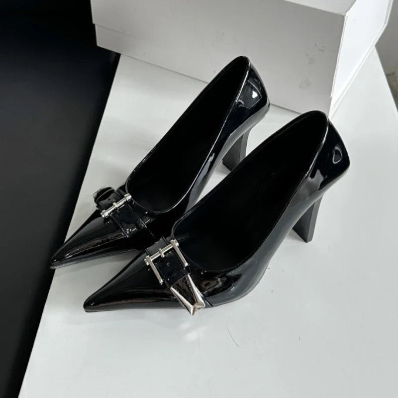 maoxiangshop  -  Patent Leather Sexy High Heels Women Metal Buckle Pointed Designer Pumps Female 2024 Fall Fashions Elegant Office Women Shoes