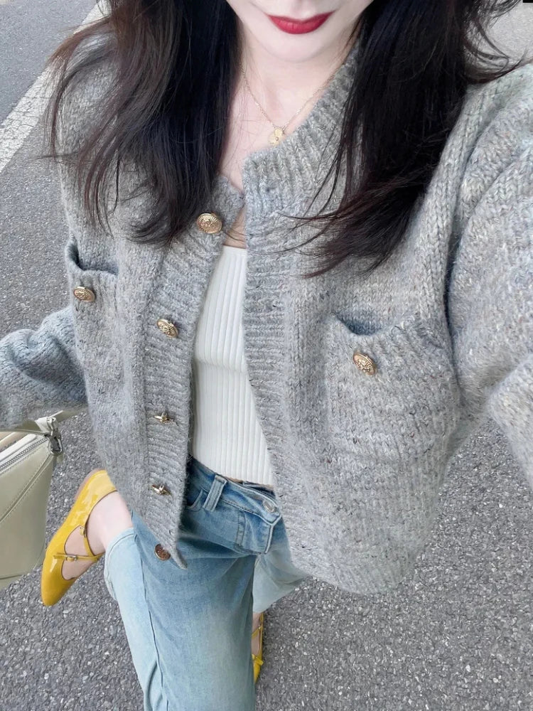 maoxiangshop FALL OUTFITS Gray Vintage Knitted Cardigan Women Autumn Winter Preppy Style Casual Sweater Coat Female Korean Fashion Retro Warm Tops