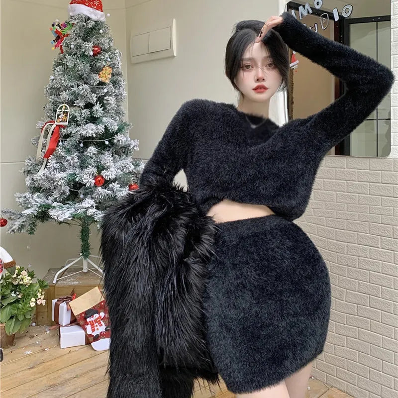 maoxiangshop Autumn Spring Women Mini Furry Skirt Faldas Mujer Moda Slim Sexy High Waist Wrap Hip Black  Bottom Wild Woolen Elegant Korean