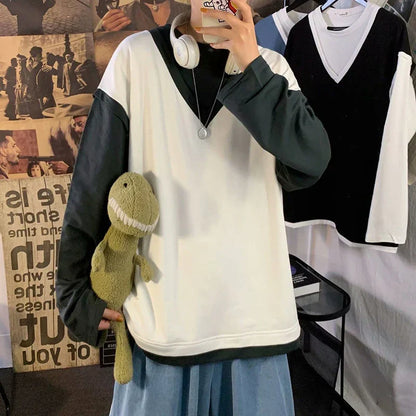 maoxiangshop Fake Two Piece 100% Cotton Spring Autumn Harajuku Long Sleeve Men T Shirt Casual Korean Fashion Oversized Woman Top 2022 Trend