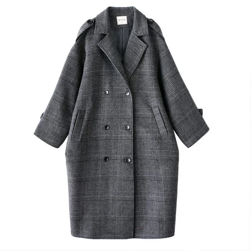 maoxiangshop Women Coat Plaid Tweed Wool Warm Long Jackets Female Overcoat Korean Fashion Outerwear Trench Coat Clothes Autumn Winter